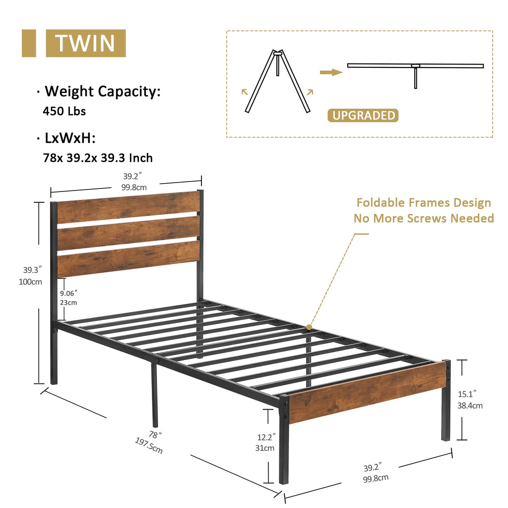 Brown Twin Bed Frame with Wooden Headboard and Metal Slats W518406