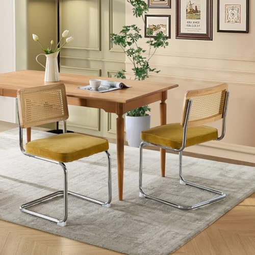 Velvet Dining Chair Set of 2 with Natural Cane Back Chrome Base Green A14313