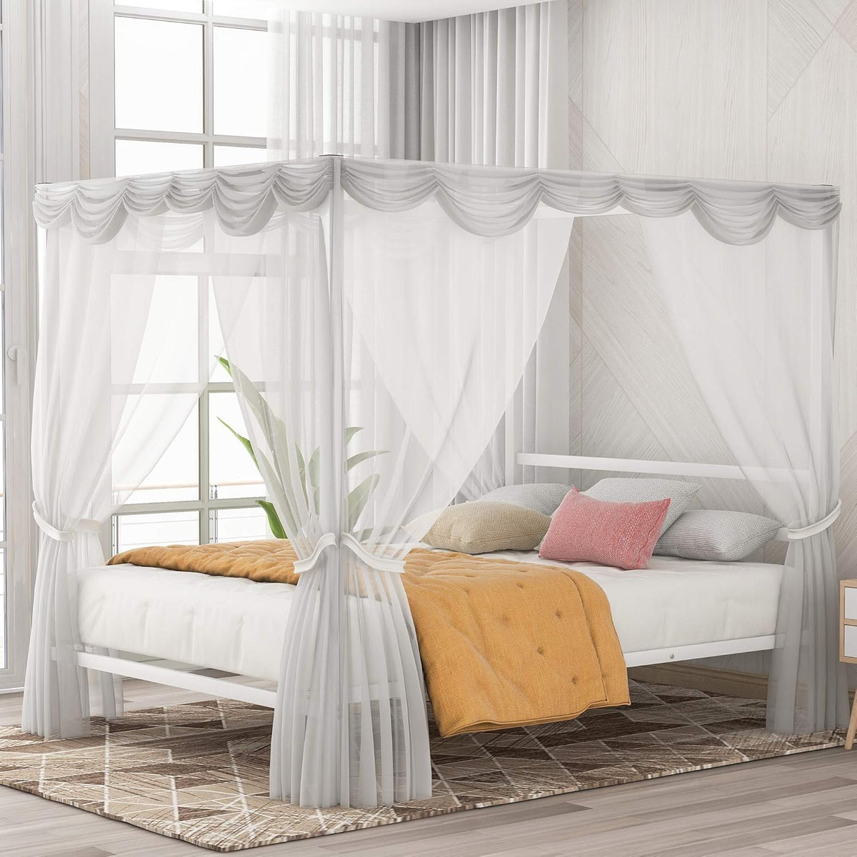 Queen Size Metal Canopy Bed Frame with Headboard Y593