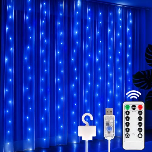 300 LED Fairy Curtain Lights, 9.8ft x 9.8ft Battery Operated Blue String Hanging Lights C7993