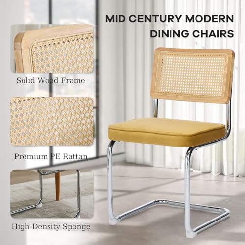 Velvet Dining Chair Set of 2 with Natural Cane Back Chrome Base Green A14313