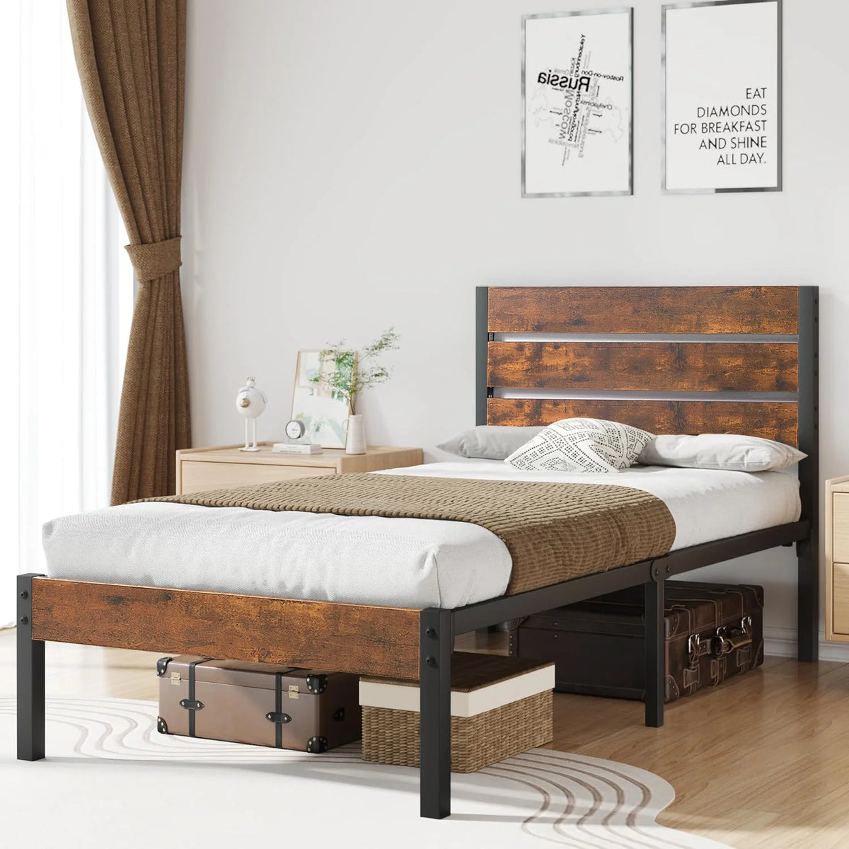 Brown Twin Bed Frame with Wooden Headboard and Metal Slats W518406