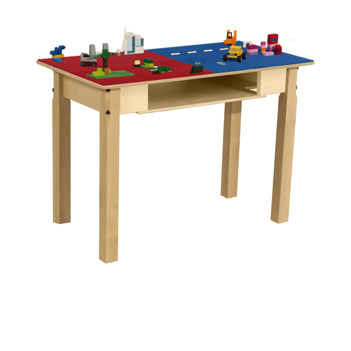 Montessori Wooden Table, Red N Blue Lego Compatible Blocks Play Table P896622
