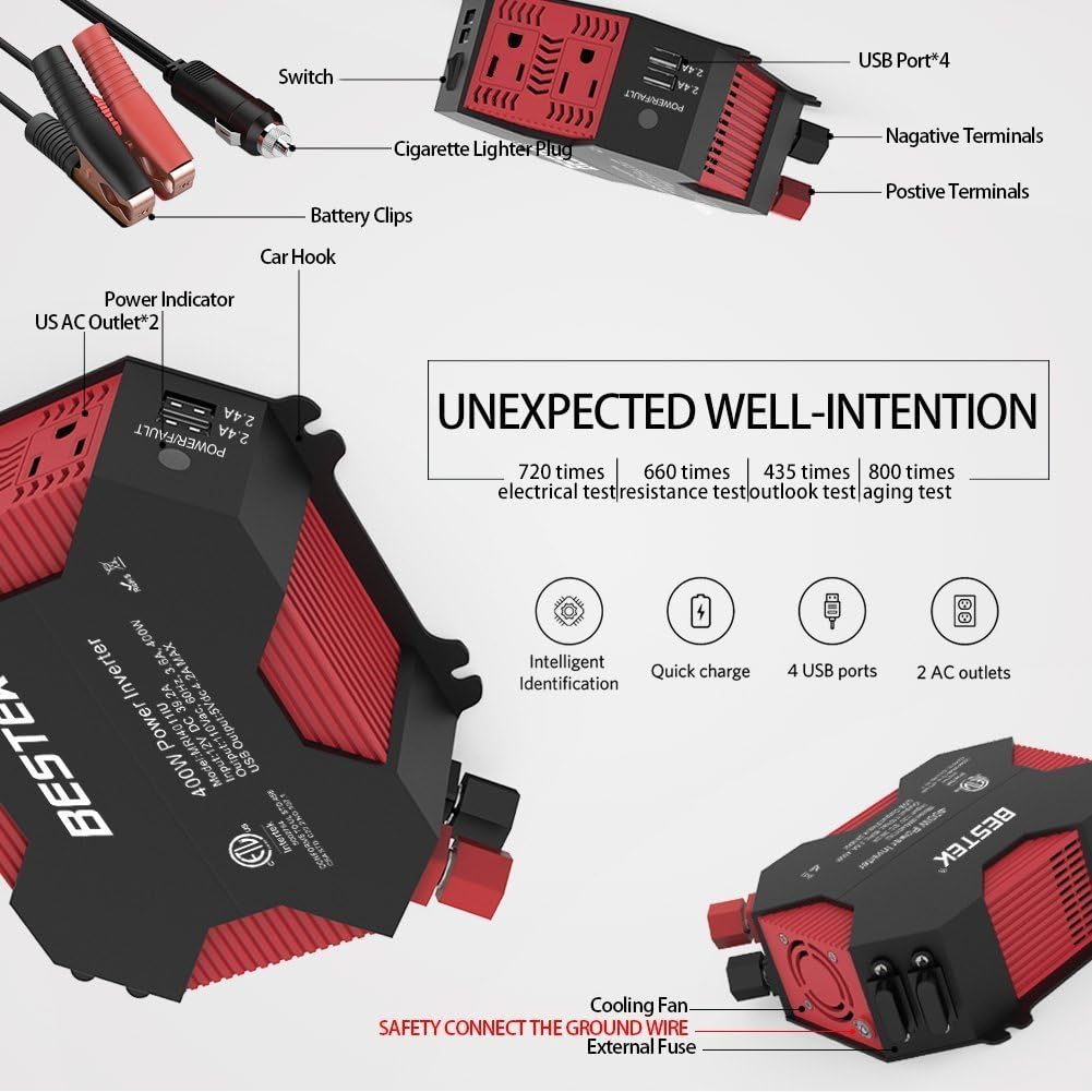 400W/500W DC 12V 110V Power Inverter with 4 USB Charging Ports, 2 AC Outlets, Pack of 2 W829698