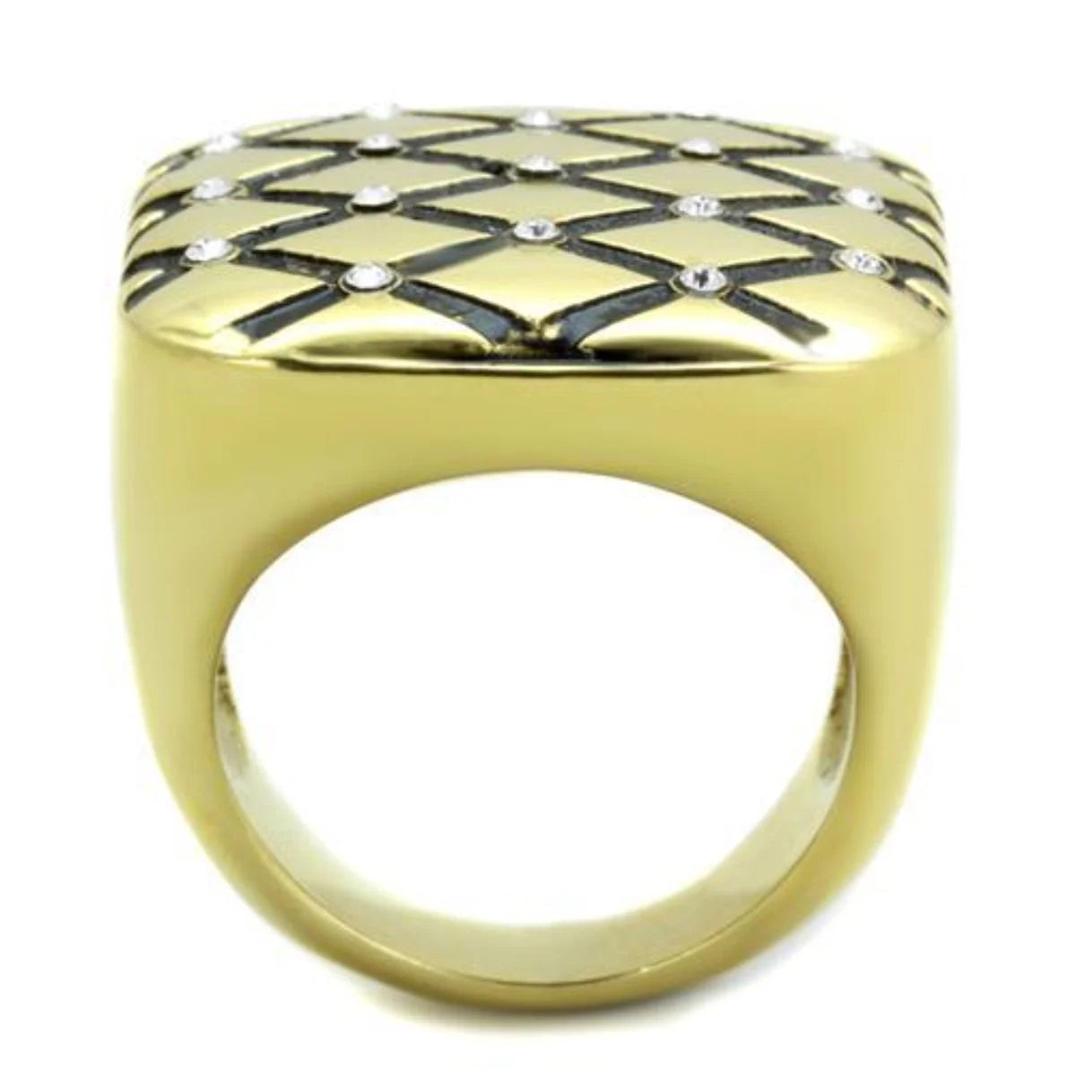 Gold IP Stainless Steel Diamond Checkered Ring with Clear Crystals A6659
