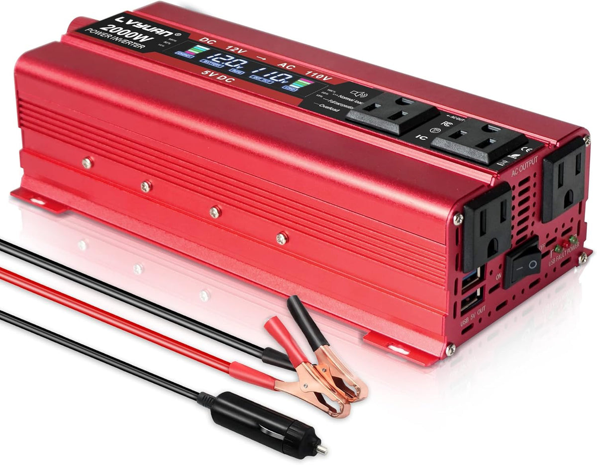 1000W/2000W Peak Car Power Inverter DC 12V to 110V AC Converter with LCD Display Dual AC Outlets Dual USB, Pack of 2 C7853