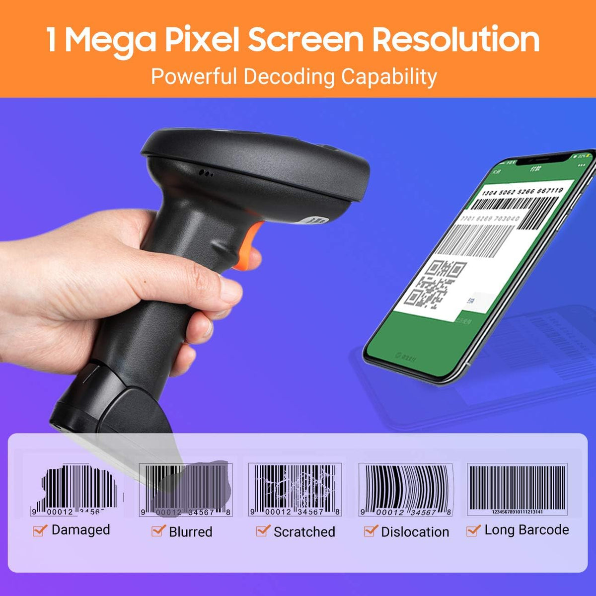 Wireless 1D 2D QR Barcode Scanner with Cradle, Pack of 2 M50539