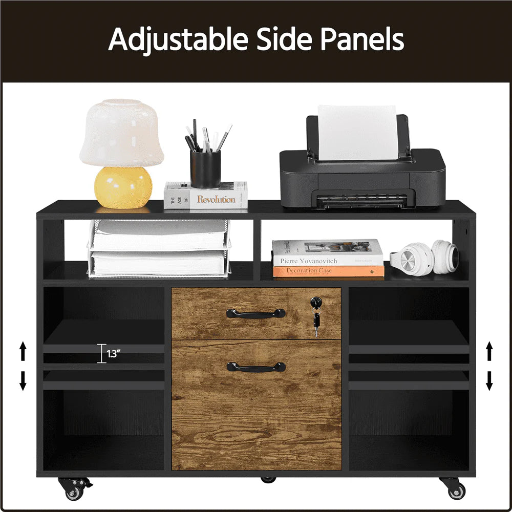 Black Rustic Brown Wooden Rolling File Cabinet with Lockable Drawer I99392
