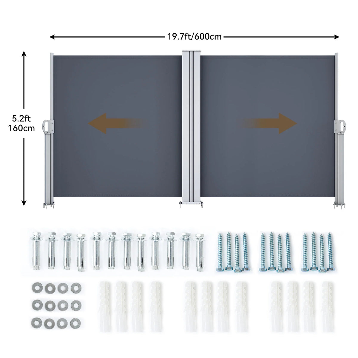 Double Side Awning 236''X 63'', Retractable Waterproof UV-Resistant Privacy Screen, Gray P50724