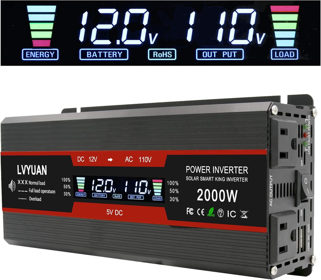1000W/2000W Peak Car Power Inverter DC 12V to 110V AC Converter with LCD Display Dual AC Outlets Dual USB, Pack of 2 C7853