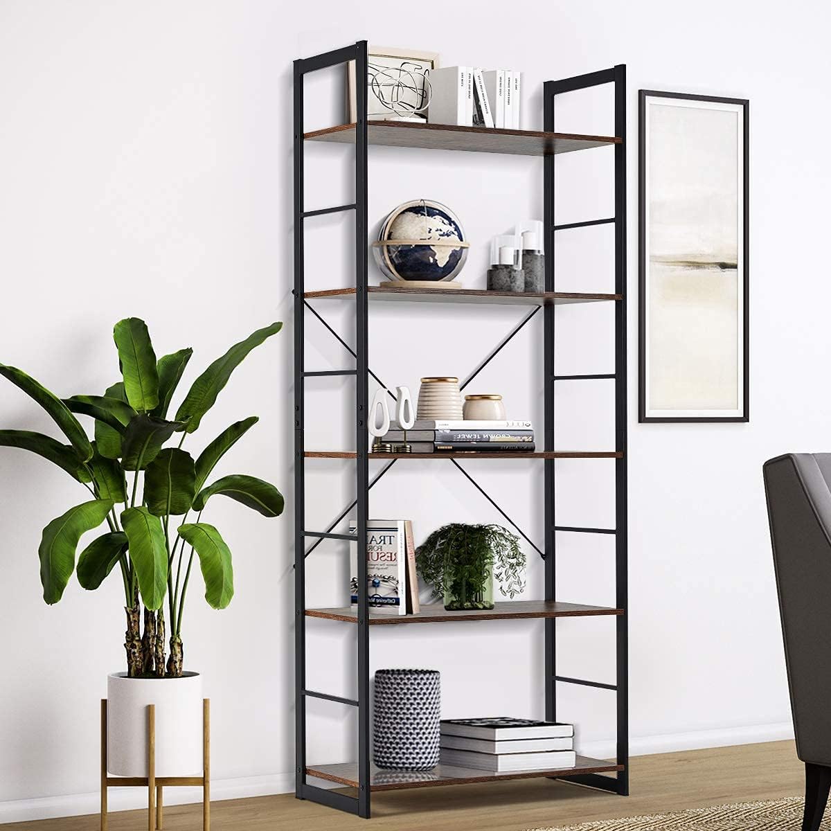 4 Tier Rustic Wood and Metal Frame Bookshelf W471