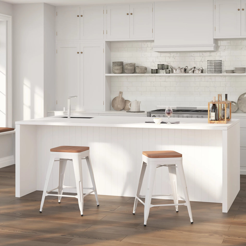 White Metal Counter Height Dining Stool with Wooden Seat O59655