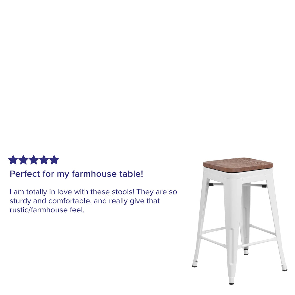 White Metal Counter Height Dining Stool with Wooden Seat O59655