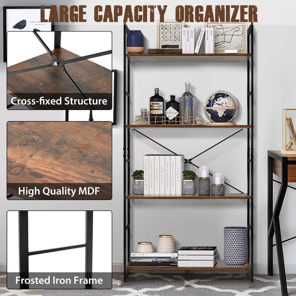 4 Tier Rustic Wood and Metal Frame Bookshelf W471