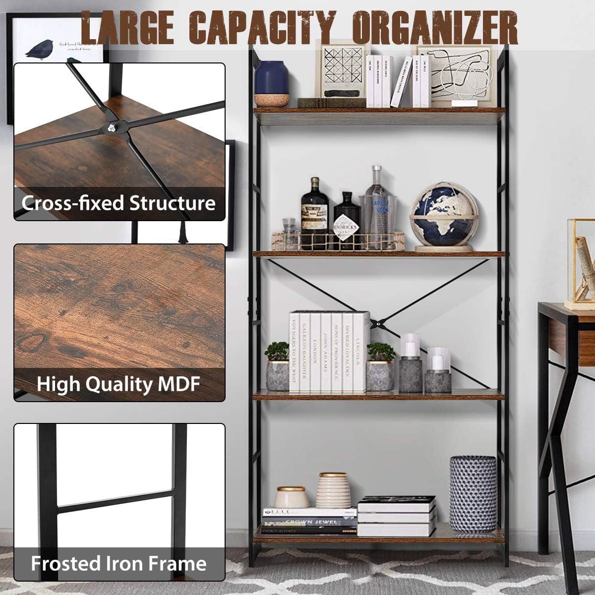 4 Tier Rustic Wood and Metal Frame Bookshelf W471