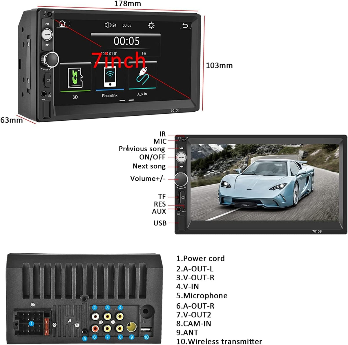 7 Inch Touch Screen Car Stereo with Bluetooth Backup Camera D324224