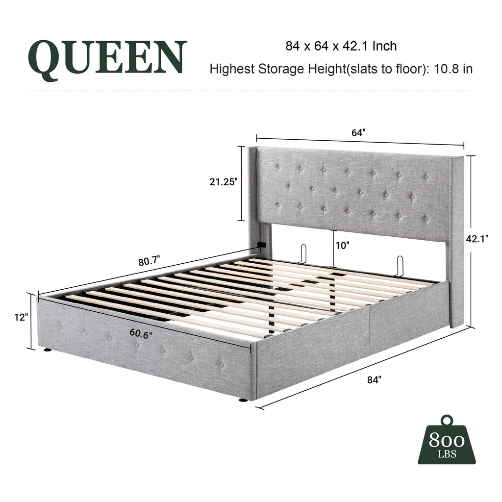 Queen Size Light Gray Upholstered Storage Platform Bed Frame V32126