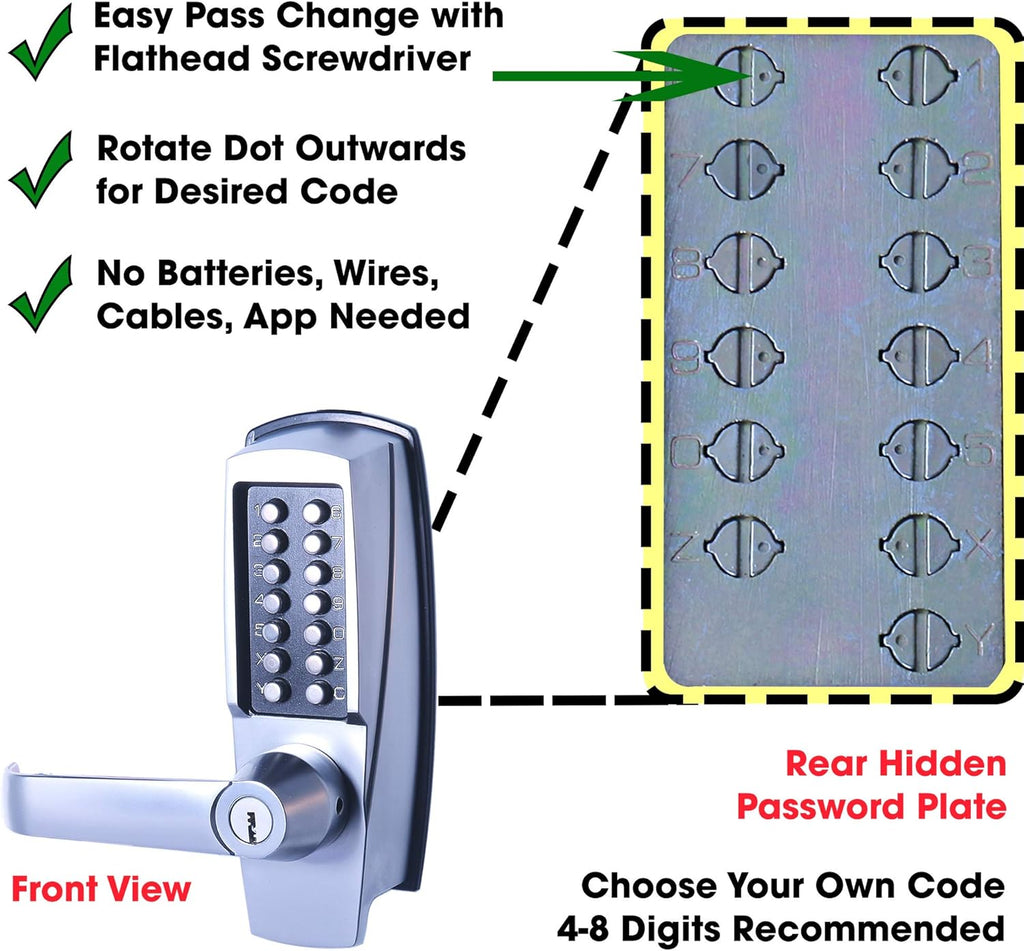 MX600 Mechanical Push Button Lever Lock, 60mm Backset Latch, 13 Digit Keypad, Satin Chrome G347769