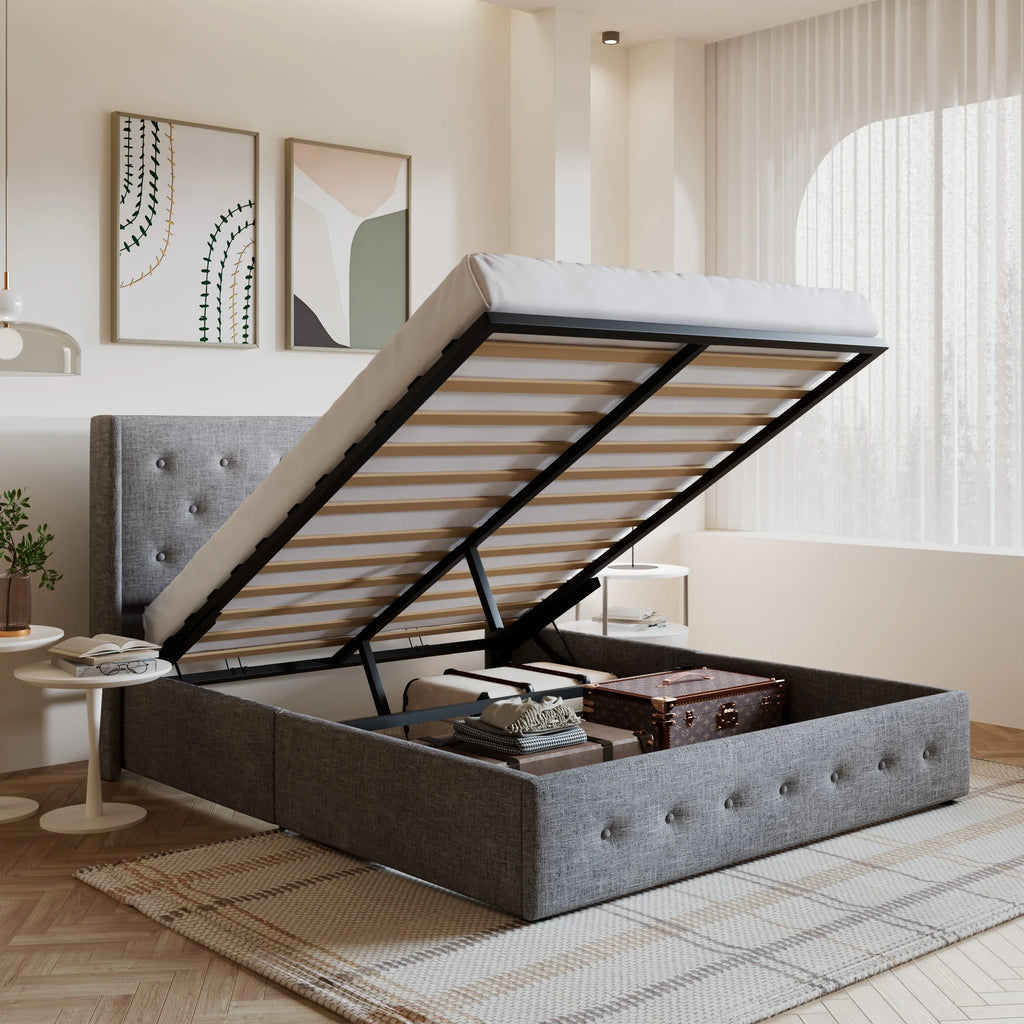 Queen Size Light Gray Upholstered Storage Platform Bed Frame V32126