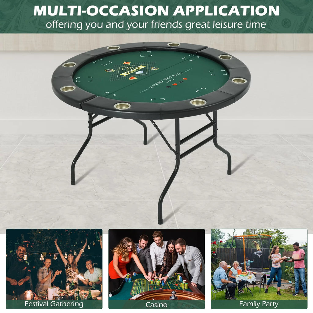 Round Poker Table Foldable 8 Players Stainless Steel Cup Holders Black 48 Inch E13217