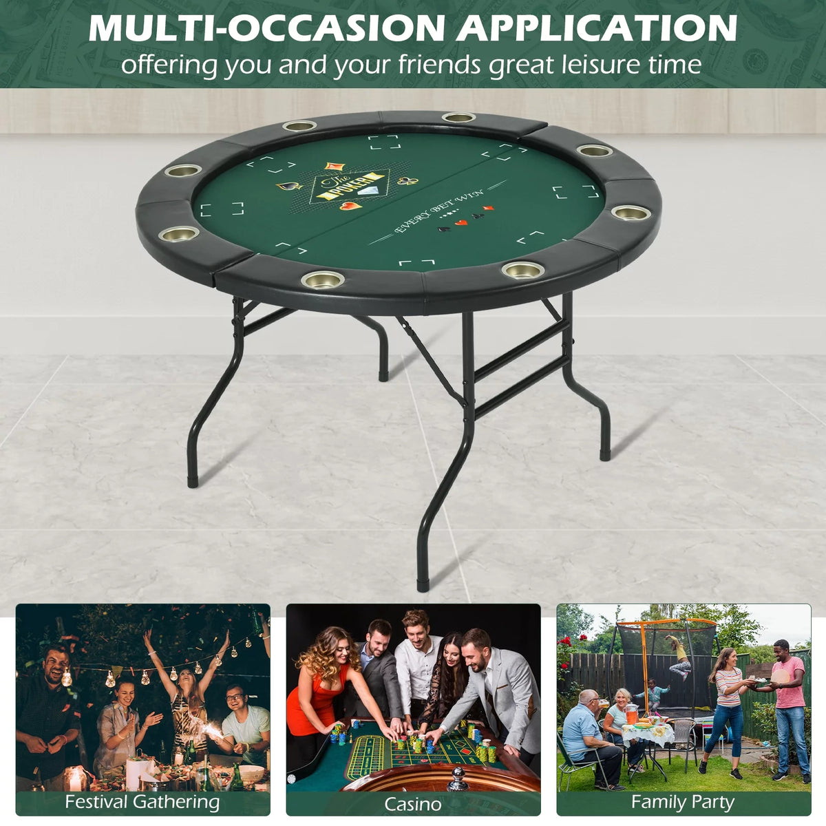Round Poker Table Foldable 8 Players Stainless Steel Cup Holders Black 48 Inch E13217