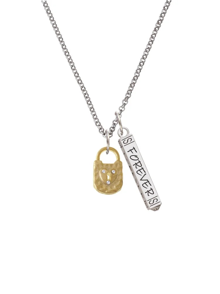 Goldtone Hammered Lock with Heart Crystals Silvertone Bar Charm Necklace, 23" M4799