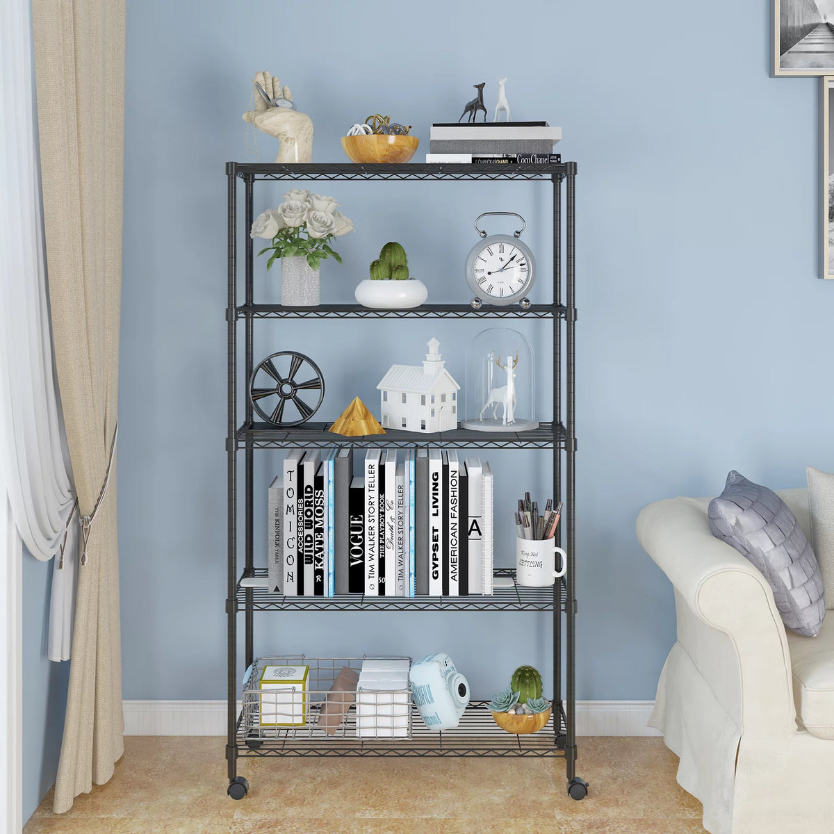 5-Shelf Black Wire Shelving Unit with Wheels W47872