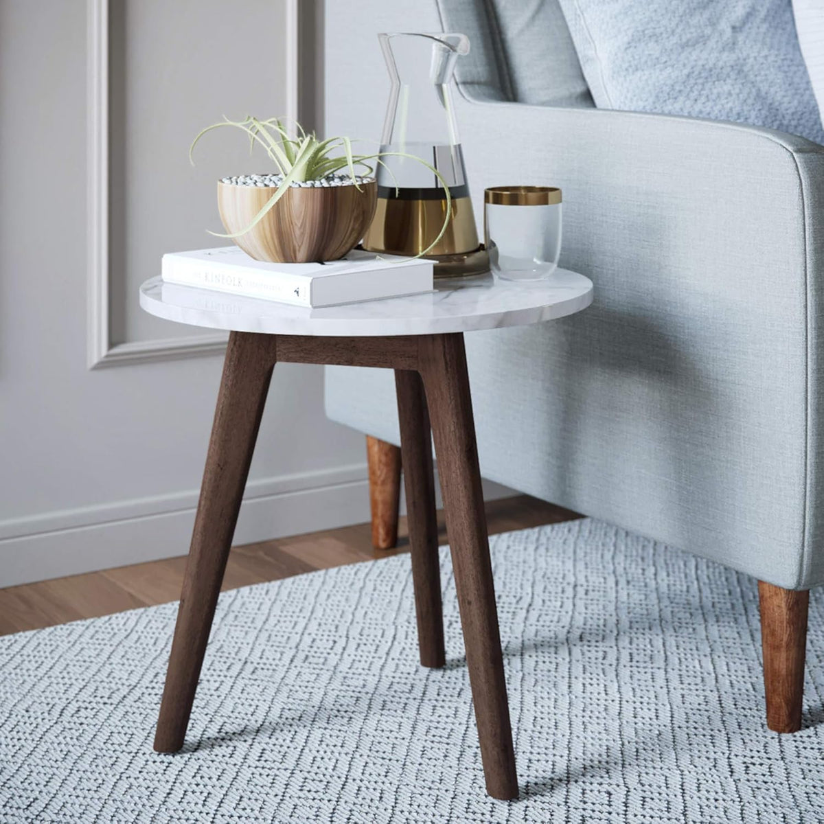 White Faux Carrara Marble Nightstand with Solid Wood Legs G3247