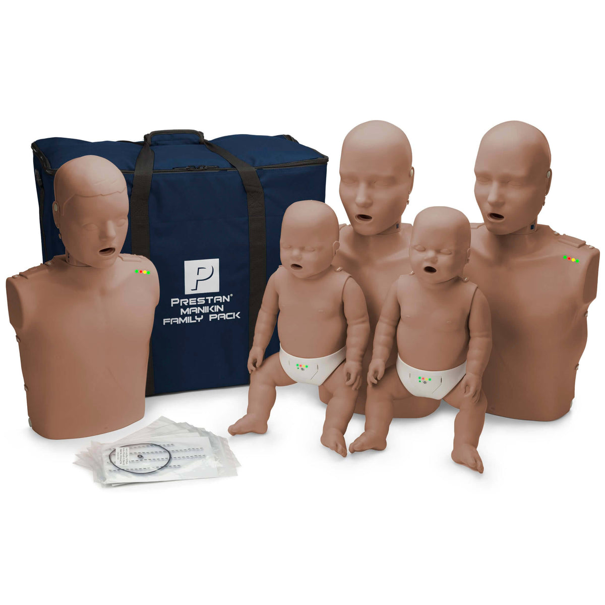 2 Adult Manikins, 1 Child Manikin and 2 Infant Manikins with CPR Monitors and Dark Skin Tone A336