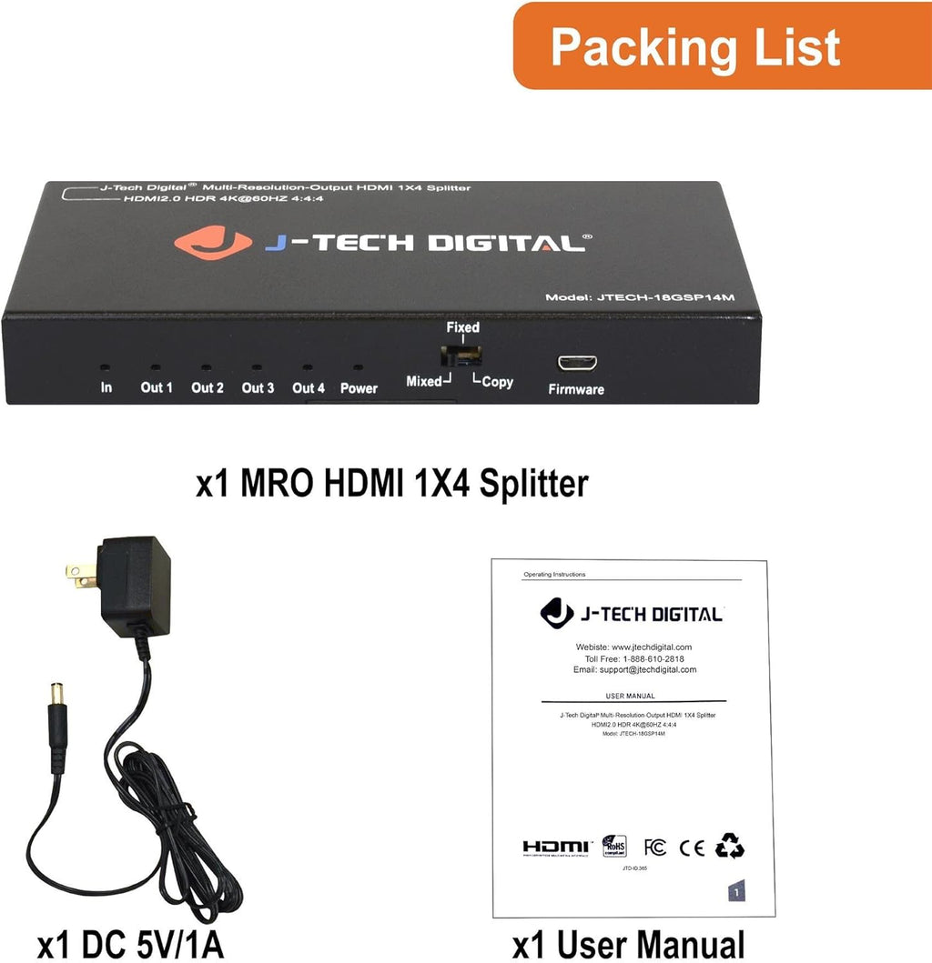 18GBps 1x4 HDMI 2.0 Splitter HDR10 Dolby Vision 4K@60Hz 4:4:4 U5595