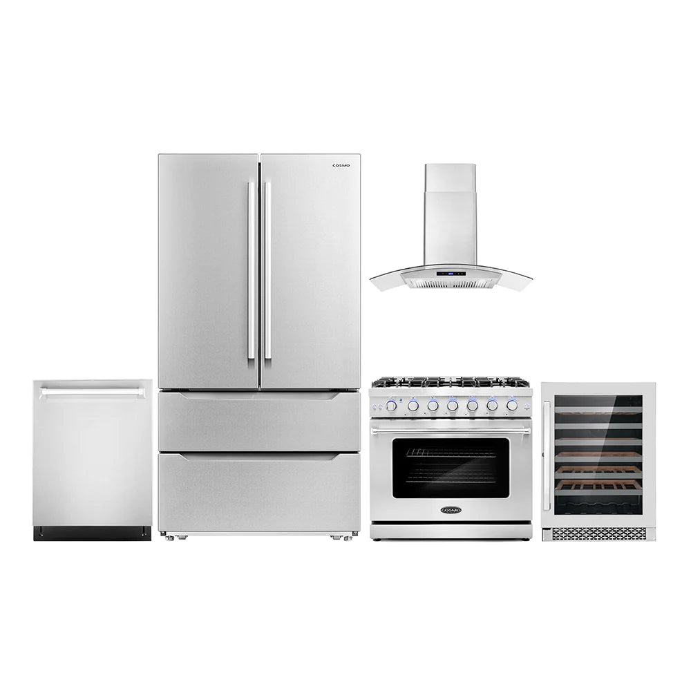 36 Gas Range, Wall Mount Range Hood, Dishwasher, Refrigerator with Ice Maker and Wine Cooler O58876