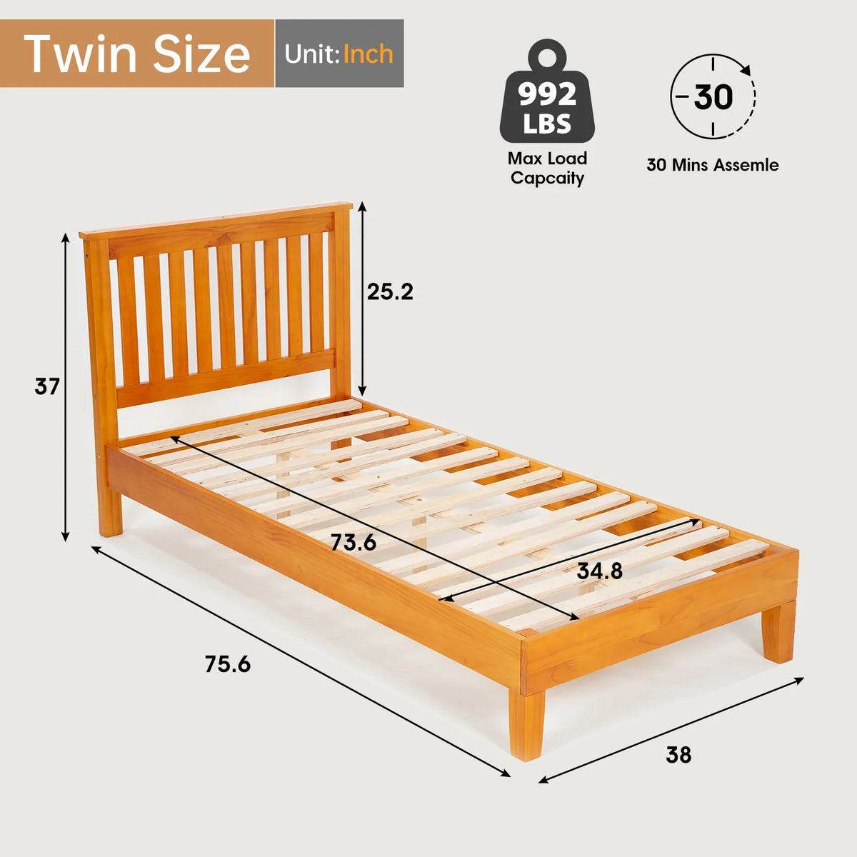 Wood Platform Bed Frame with Headboard Twin C37158