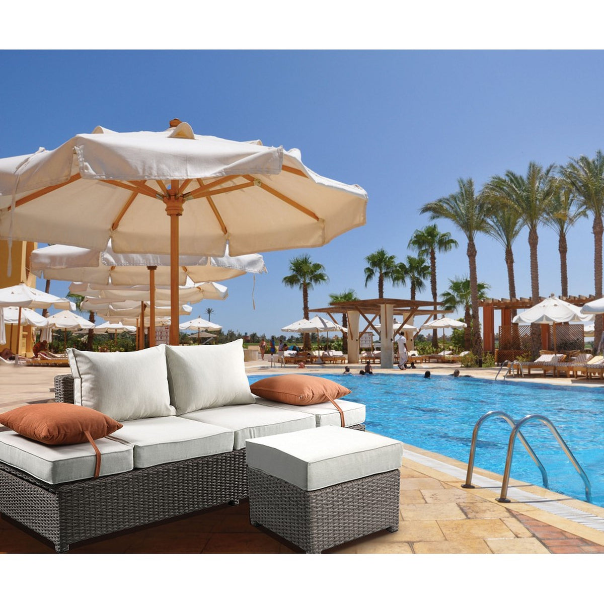Beige Fabric Patio Sofa & Ottoman with 2 Pillows B703
