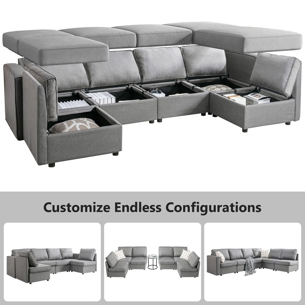 Light Grey U-Shaped Sectional Sofa with Storage and Reversible Chaises D2663