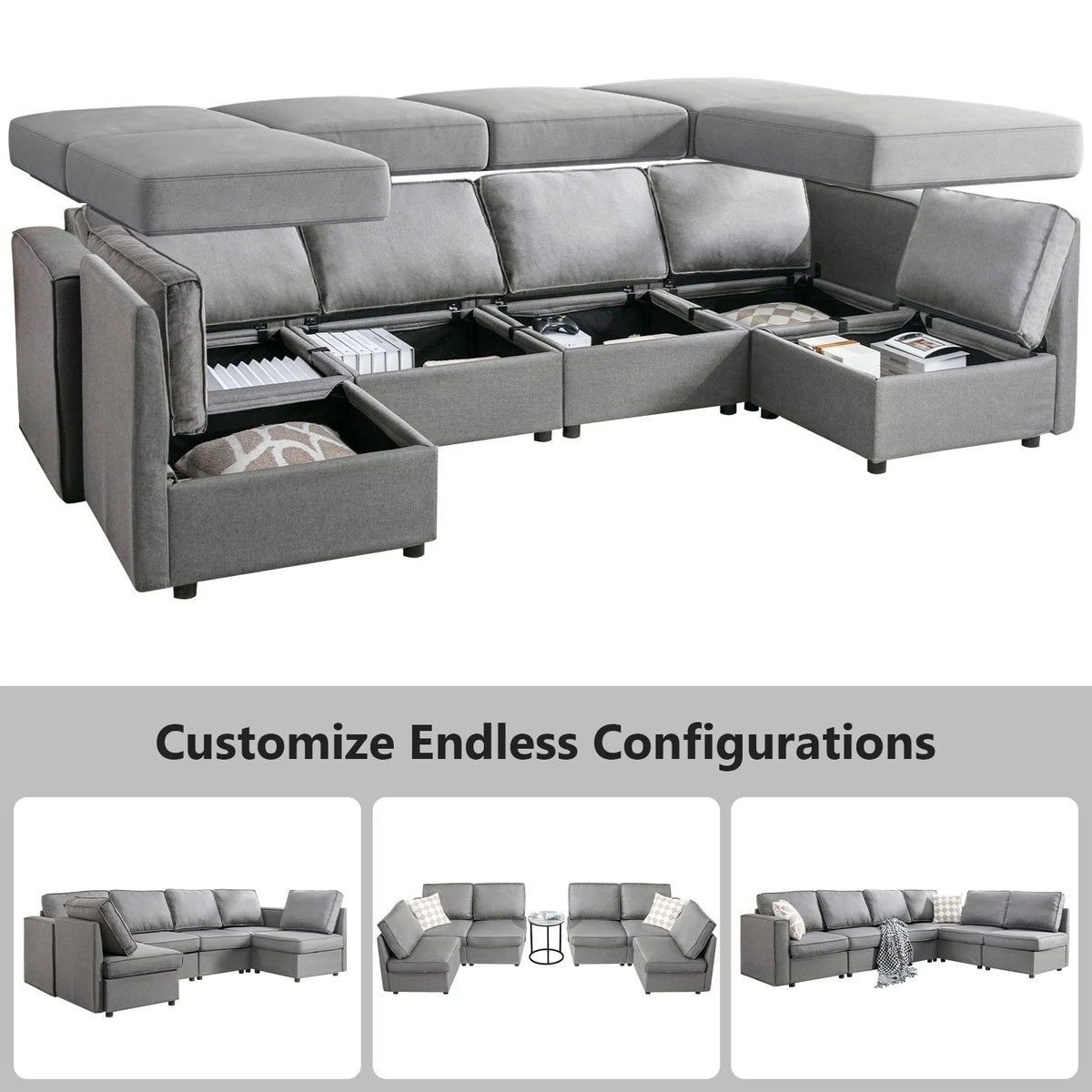 Light Grey U-Shaped Sectional Sofa with Storage and Reversible Chaises D2663
