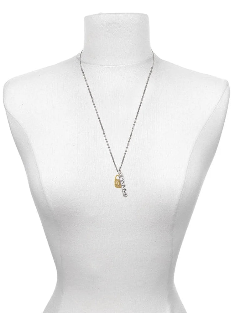 Goldtone Hammered Lock with Heart Crystals Silvertone Bar Charm Necklace, 23" M4799