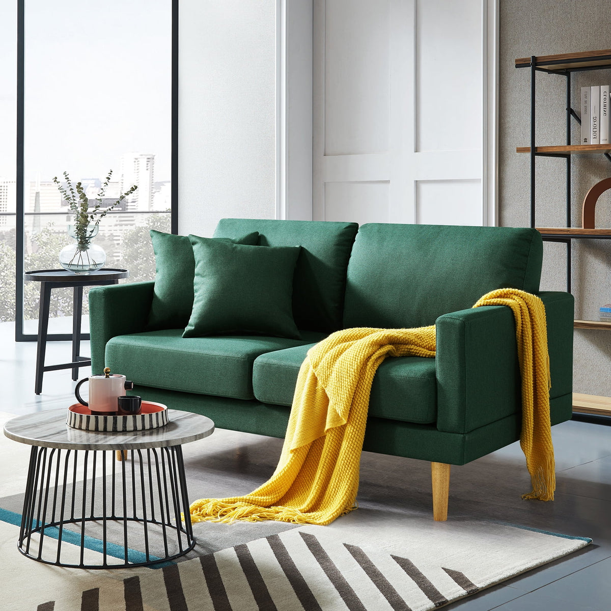 Dark Green Loveseat Sofa with Throw Pillow I6350