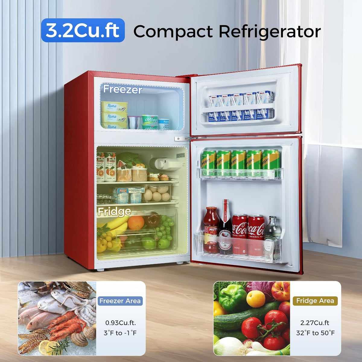Retro Red 3.2 Cu.Ft Compact Double Door Mini Refrigerator with Freezer P959636