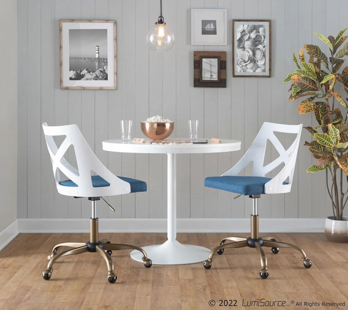 White Blue Fabric Antique Copper Metal Task Chair H503780