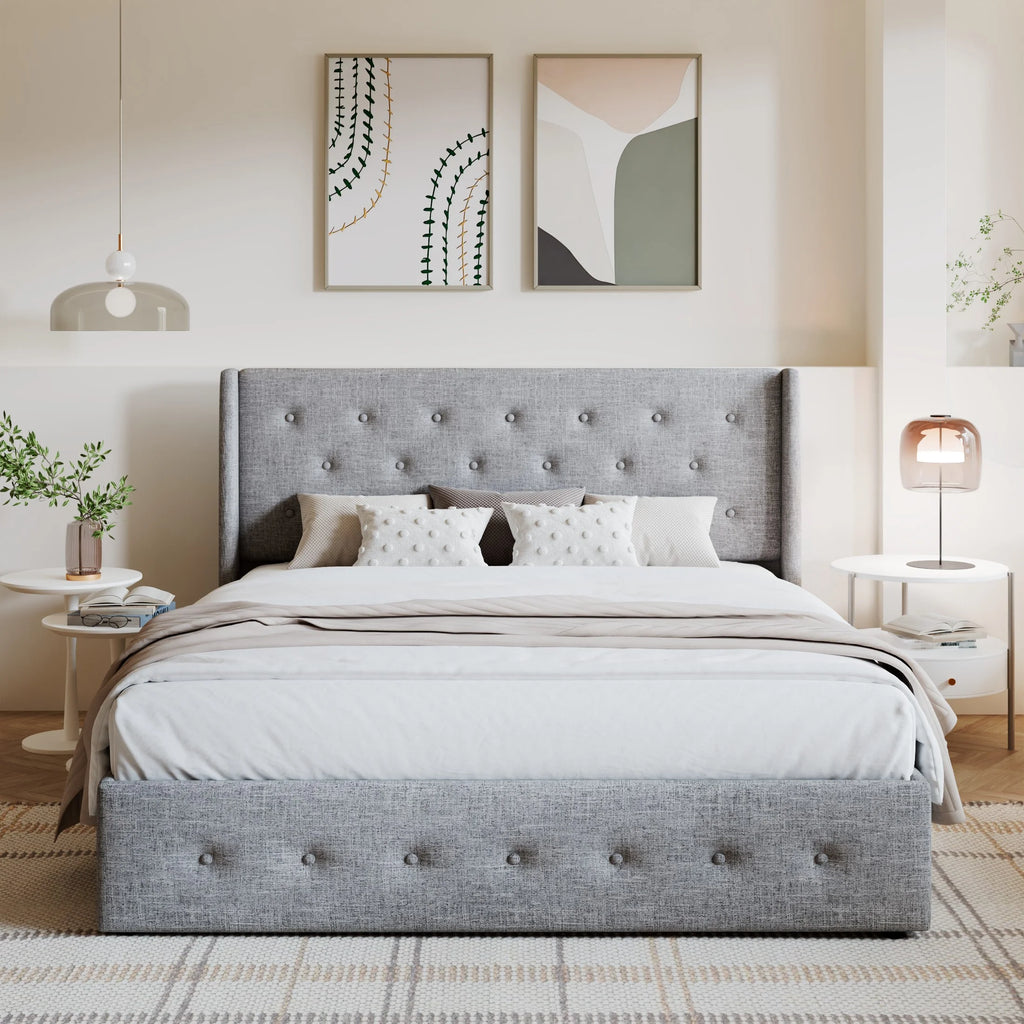 Queen Size Light Gray Upholstered Storage Platform Bed Frame V32126