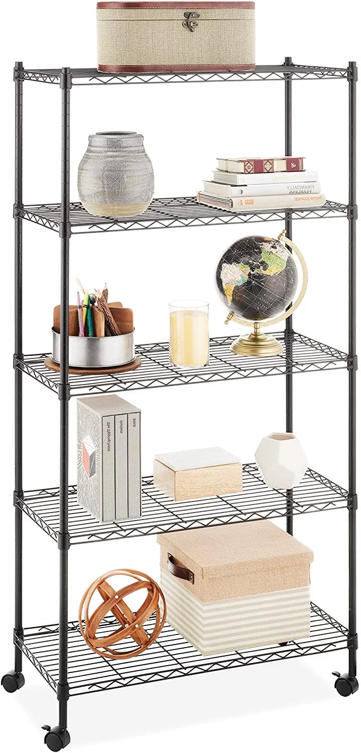 5-Shelf Black Wire Shelving Unit with Wheels W47872