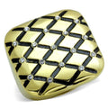Gold IP Stainless Steel Diamond Checkered Ring with Clear Crystals A6659