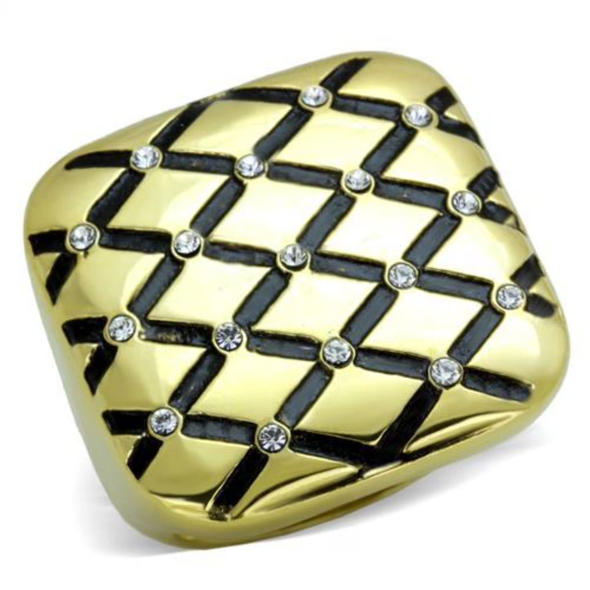 Gold IP Stainless Steel Diamond Checkered Ring with Clear Crystals A6659