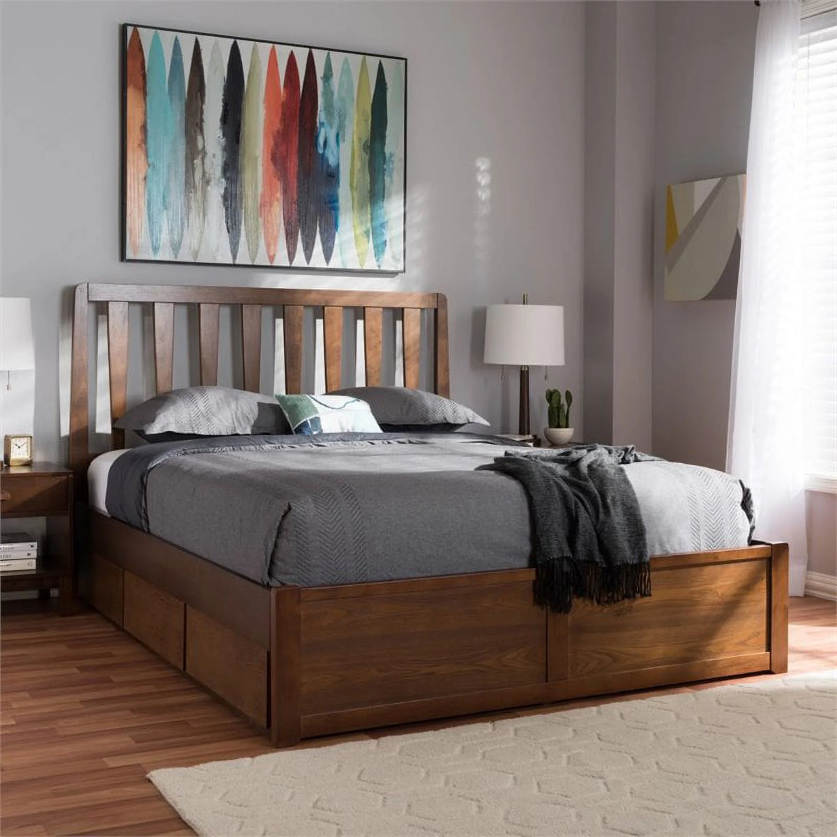 Contemporary Modern Wood Storage Platform Bed King Walnut Brown C414104