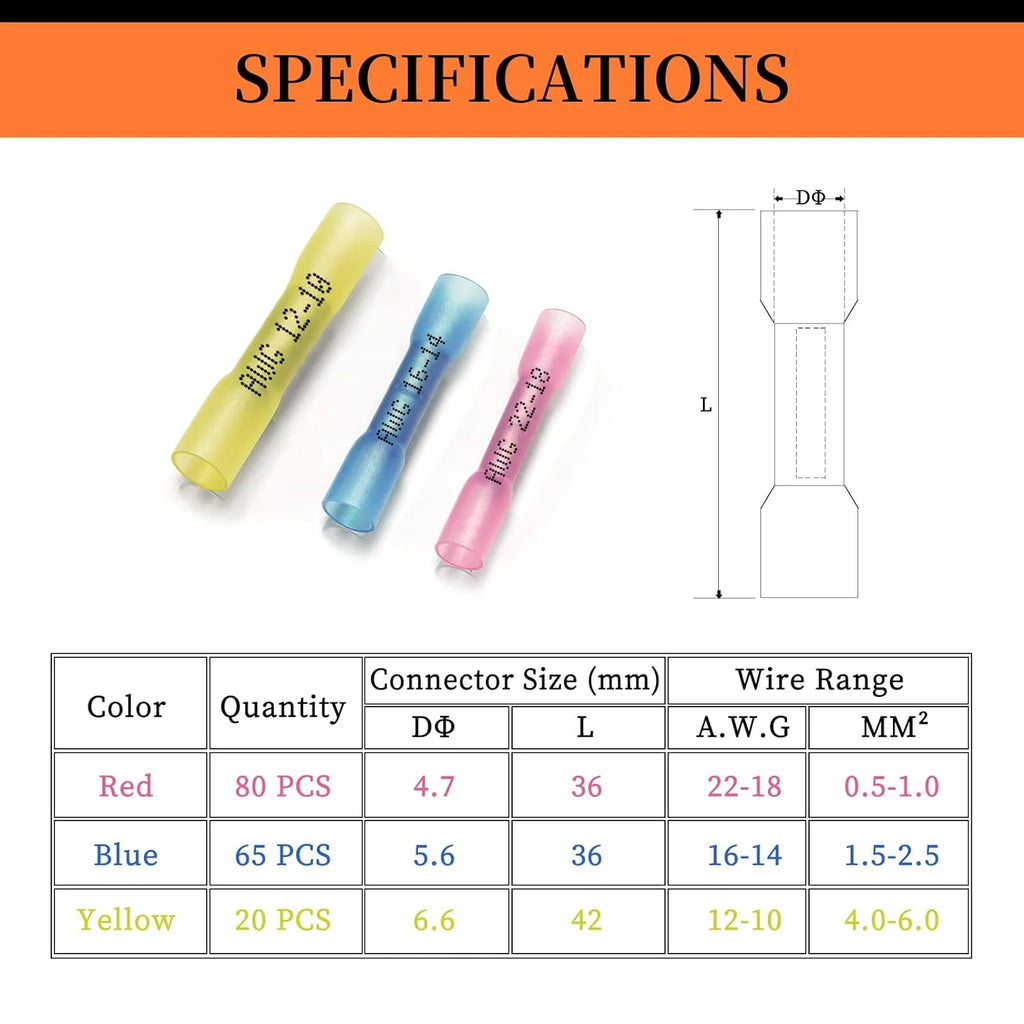 165 Pcs Insulated Waterproof Heat Shrink Butt Connectors Kit H995