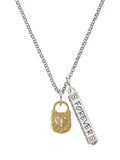 Goldtone Hammered Lock with Heart Crystals Silvertone Bar Charm Necklace, 23" M4799