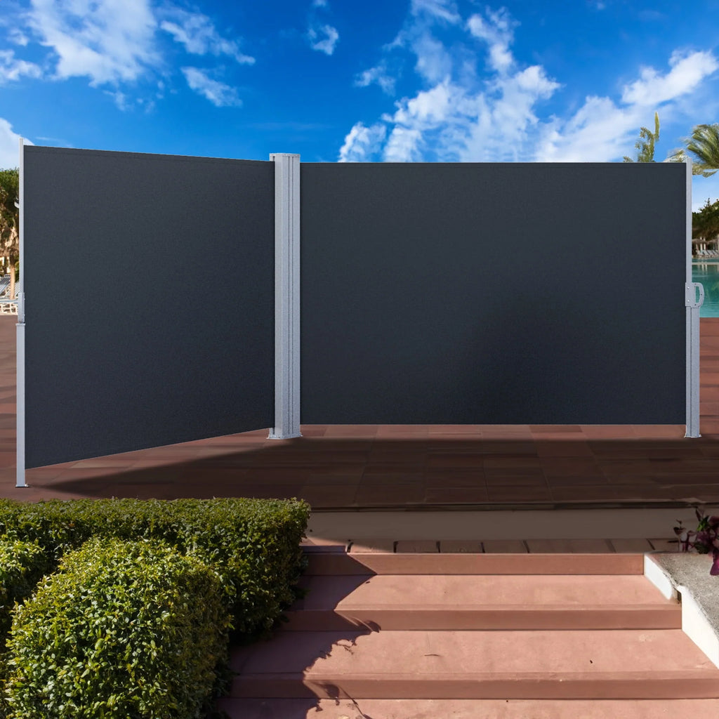 Double Side Awning 236''X 63'', Retractable Waterproof UV-Resistant Privacy Screen, Gray P50724