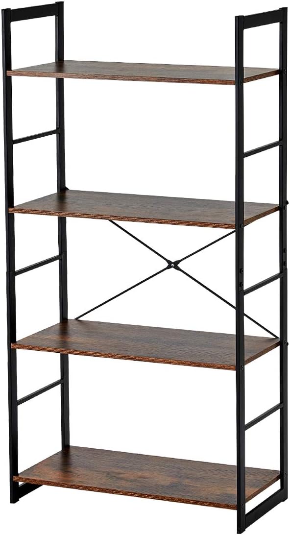 4 Tier Rustic Wood and Metal Frame Bookshelf W471