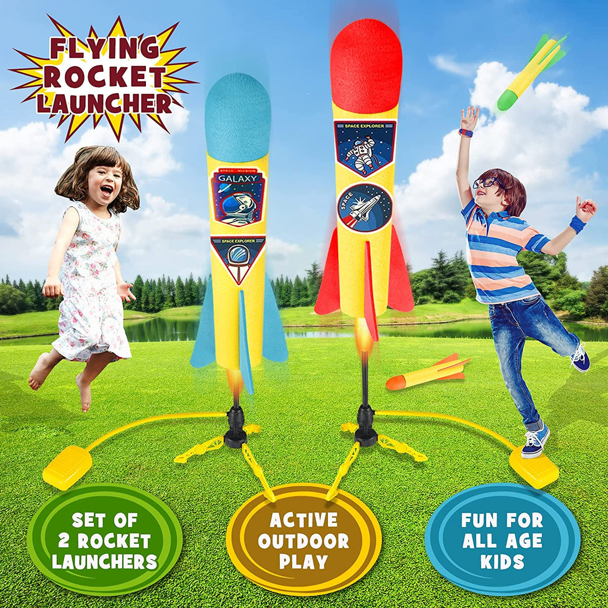Terra Toy Rocket Launcher, 2 Launchers & 8 Foam Rockets, Outdoor Toy Q103799