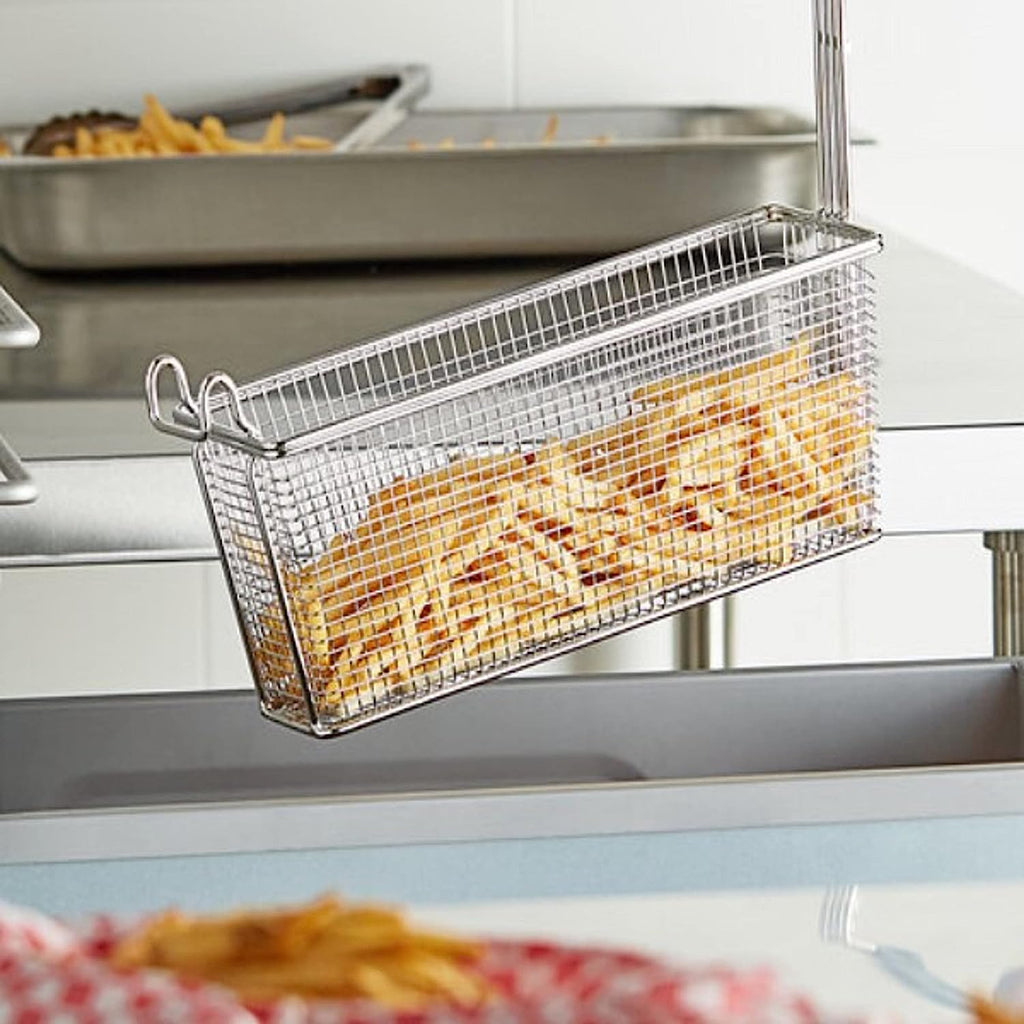 13-1/2" x 4-1/4" x 5-1/2" Rectangular Deep Fry Basket with Hook Nickel Plated Iron W679